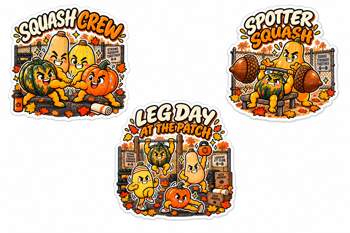 Squash Crew, Spotter Squash & Leg Day at the Patch — Fall Sticker 3-Pack