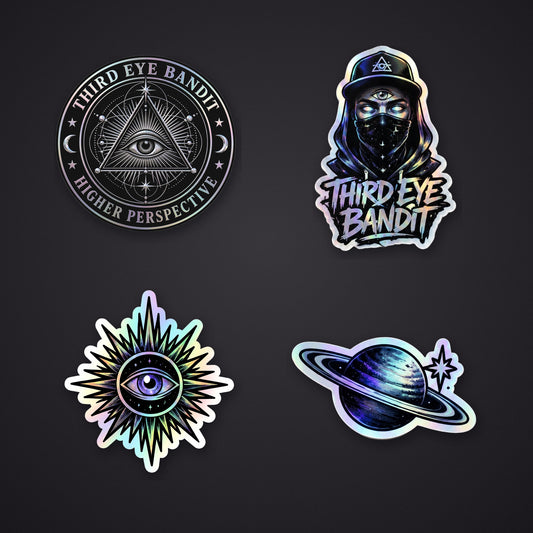 Ringed Saturn, Radiant Eye, Hooded Bandit & Sacred Geometry Seal — Holographic Sticker 4-Pack