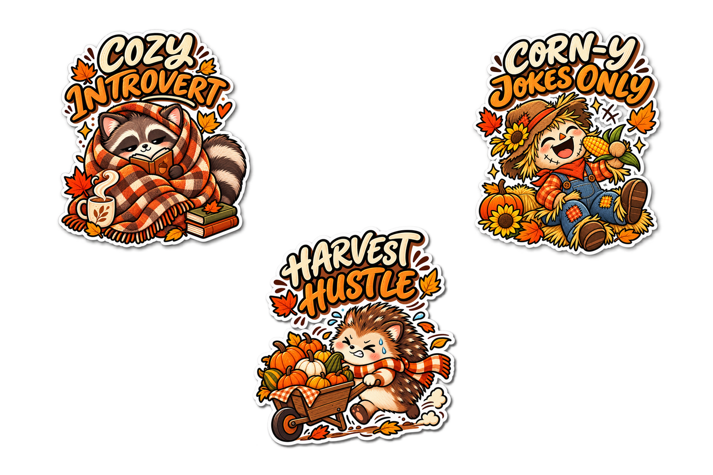 Cozy Introvert, Corn-y Jokes Only & Harvest Hustle — Fall Sticker 3-Pack