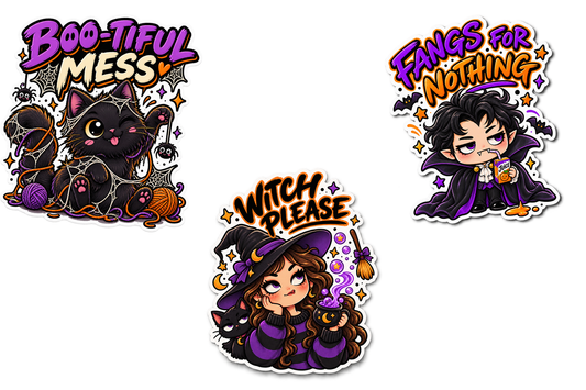 Boo-tiful Mess, Witch Please & Fangs for Nothing — Halloween Sticker 3-Pack